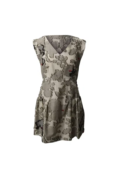 Paule Ka Floral V-neck Dress With Fur Applique In Grey Cotton In Gray