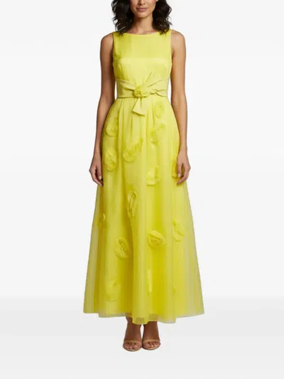 Pre-owned Paule Ka Floral-appliqué Organza Maxi Dress In Yellow
