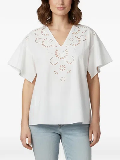 Pre-owned Paule Ka Floral-embroidered V-neck Top In White