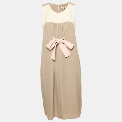 Pre-owned Paule Ka Grey Lace Trim Silk Sleeveless Shift Dress L