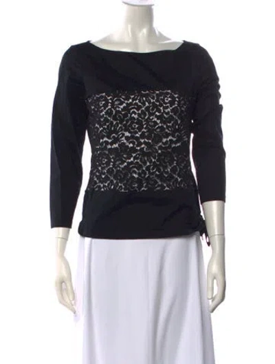 Pre-owned Paule Ka Lace Pattern Bateau Neckline Top In Black