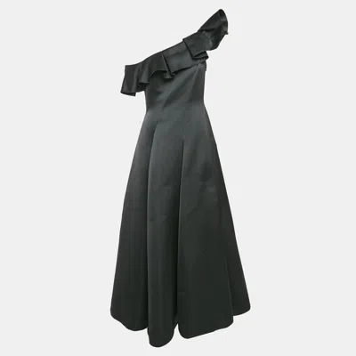 Pre-owned Paule Ka Paul Ka Black Paneled Satin Ruffle Detail Gown M