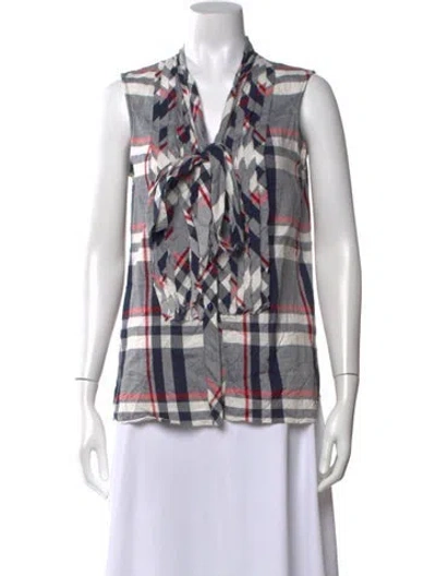 Pre-owned Paule Ka Plaid Print Tie Neck Blouse In Multicolor