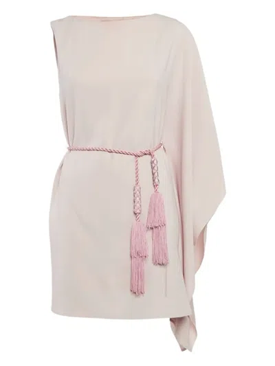Pre-owned Paule Ka  Asymmetrical Sleeve Tassel Dress In Pink