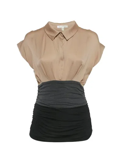 Pre-owned Paule Ka Ruched Satin-panel Top In Neutral