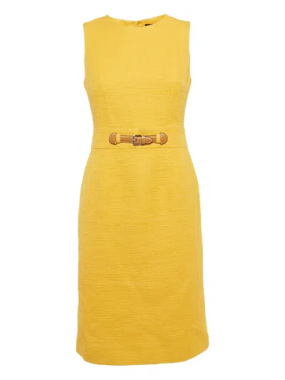 Pre-owned Paule Ka Textured Belt Midi Dress In Yellow
