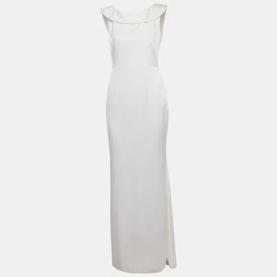 Pre-owned Paule Ka White Crepe Frill Neck Detail Maxi Dress M