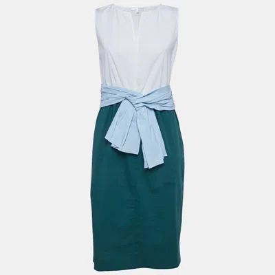 Paule Ka White/green Cotton Sleeveless Short Dress In Blue