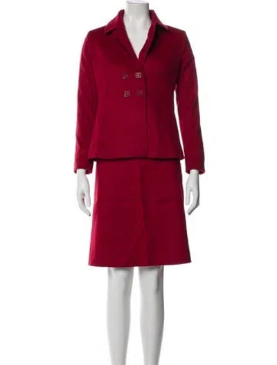 Pre-owned Paule Ka Wool Leather Trim Embellishment Skirt Suit In Red