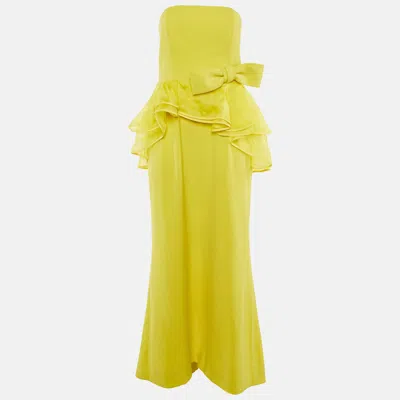 Paule Ka Yellow Crepe Bow & Asymmetric Frill Detail Strapless Maxi Dress In Multi