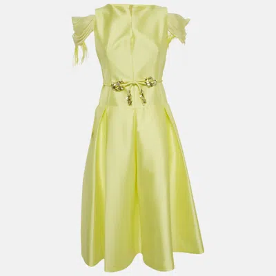 Pre-owned Paule Ka Yellow Feather Trim Taffeta Bow Detail Midi Dress M