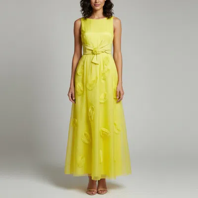 Pre-owned Paule Ka Yellow Floral Applique Crepe And Organza Maxi Dress M