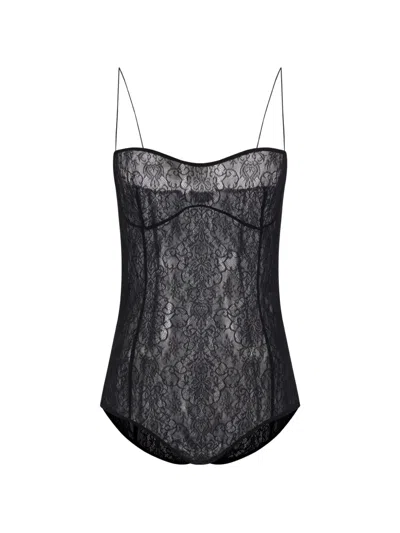 Pauline Dujancourt Lace-panel Spaghetti-strap Bodysuit In Black