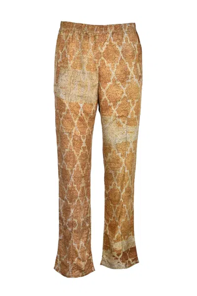 Paura Relaxed Fit Beige Trousers With Textured Lattice Design In Brown