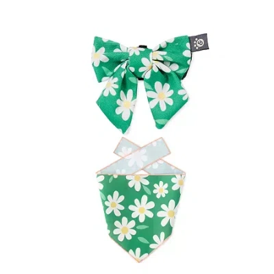 Paw And Tail Paw & Tail Floral Dog Bandana & Bow Set In Green