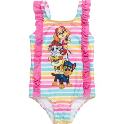 Paw Patrol Kids'  Sleeveless One Piece Bathing Suit In Pastel Pink Stripe