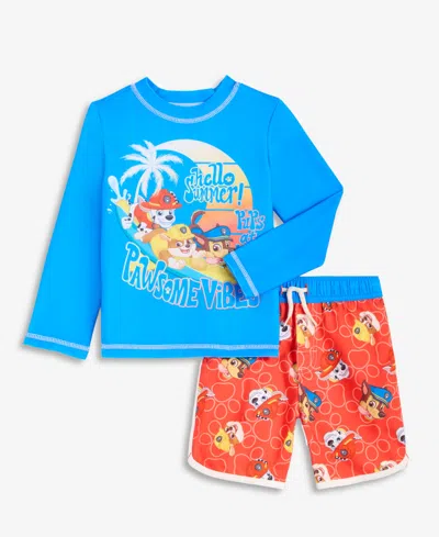 Paw Patrol Babies' Toddler Boys' 2t-4t Long-sleeve Rashguard & Mesh-lined Swim Trunks, 2-piece Set In Blue