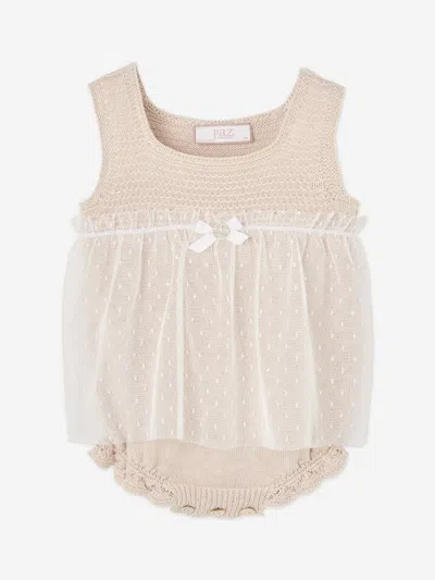 Paz Rodriguez Baby Girls Cotton Knit And Lace Romper In Neutral