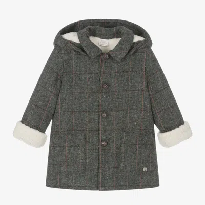 Paz Rodriguez Babies' Boys Grey Check Hooded Coat In Gray