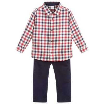 Paz Rodriguez Babies' Boys Red Check Shirt & Trouser Set In Blue