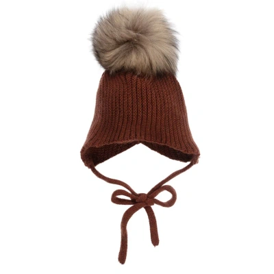 Paz Rodriguez Babies' Brown Wool Pom-pom Hat