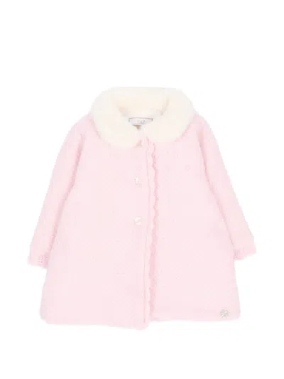 Paz Rodriguez Babies' Faux-fur Collar Knitted Coat In Pink
