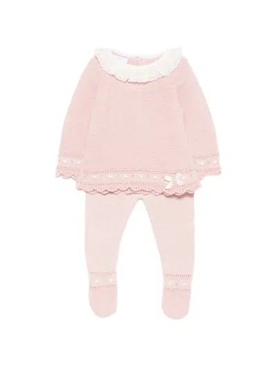 Paz Rodriguez Babies' Lace-collar Knitted Trousers Set In Pink