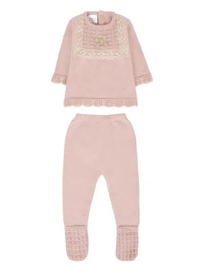 Paz Rodriguez Lace-trimmed Knitted Babygrow In Pink
