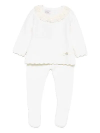 Paz Rodriguez Babies' Lace-trimmed Knitted Top And Trousers Set In White