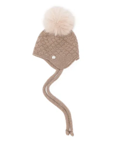 Paz Rodriguez Babies' Pom-pom Cable-knit Beanie In Brown