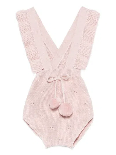 Paz Rodriguez Babies' Ruffled-trim Pom-pom Romper In Pink