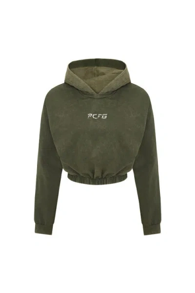 Pcfg Cotton Acid Washed Crop Hoodie In Green