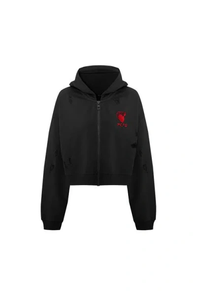Pcfg Cotton Destroyed Zip Up Hoodie In Black