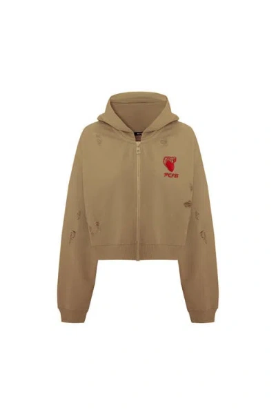 Pcfg Cotton Destroyed Zip Up Hoodie In Brown