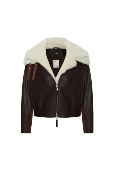 Pcfg Double Collar Leather Women Jacket In Brown