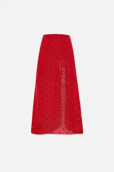 Pcfg The Broderie Anglaise Edit Embroidered Midi Skirt With Side Slit And Ribbon Tie In Red