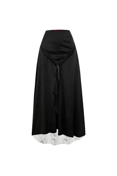 Pcfg Women's Black The Party Edit Slit Lace Panel Satin Maxi Skirt