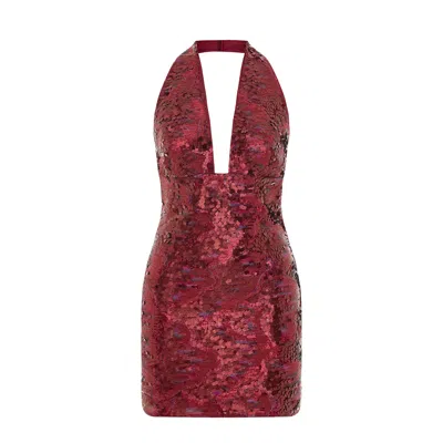 Pcfg Women's Pink / Purple / Pink Sequin Neck Tie Dress With Side Slit In Red
