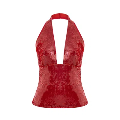 Pcfg Women's Red Sequin Neck Tie Top