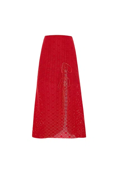 Pcfg Women's The Broderie Anglaise Edit Embroidered Midi Skirt With Side Slit & Ribbon Tie In Red