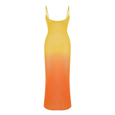 Pcfg Women's Yellow The Solar Reflections Sunset Ombre Crochet Maxi Dress In Gray