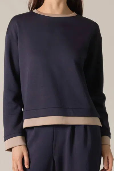 P.cill Contrast Border Long Sleeve Top In Navy And Taupe In Black