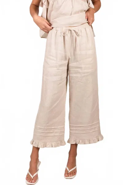 P.cill Linen Ruffled Hem Wide Leg Pant In Natural In Brown