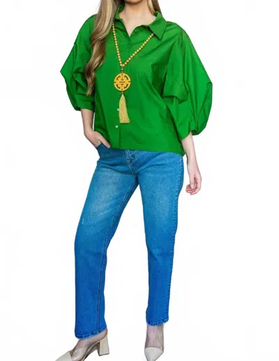 P.cill Poplin Bishop Sleeve Button Up Blouse In Apple Green