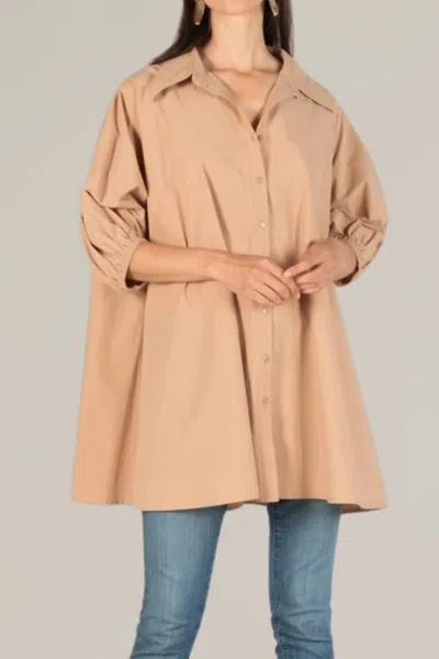 P.cill Poplin Puff Sleeve Button Down Tunic In Taupe In Grey