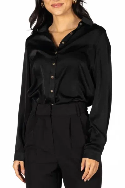 P.cill Satin Button Down Blouse With Side Slit In Black