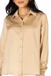 P.cill Satin Button Down Shirt With Side Slit In Taupe In Brown