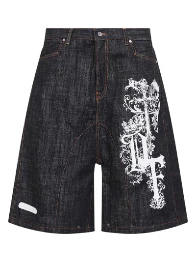 Pdf Dark Blue Printed Cotton Denim Biker Shorts In Black