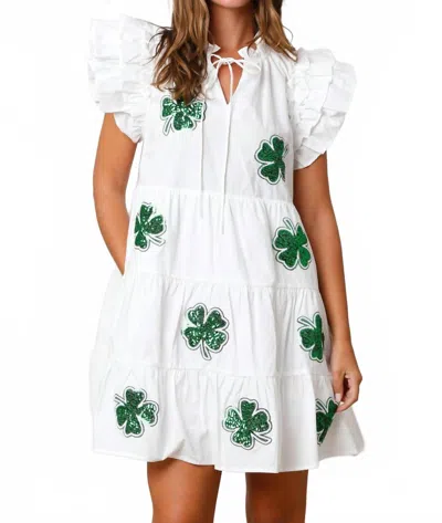 Peace Love California St. Patricks Sequin Clovers Tiered Dress In White/green