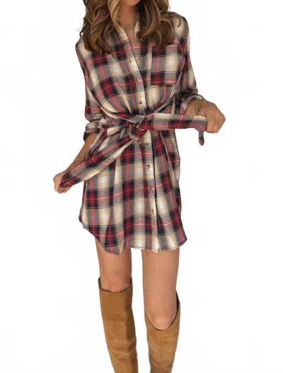 Peace Love Line Front Tie Plaid Dress In Red/tan In Multi